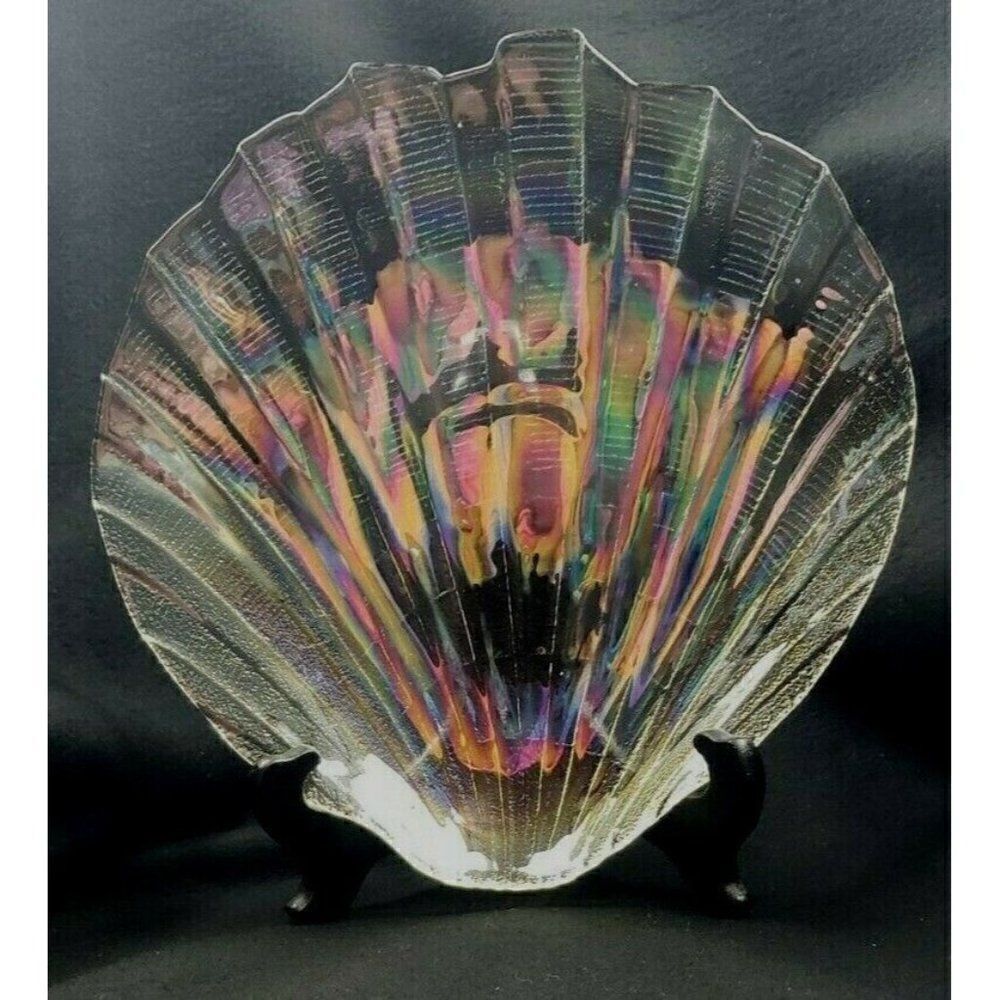 Vintage Kamei Glass Japan Iridescent Shell Shaped Carnival Glass Dish Tray RARE